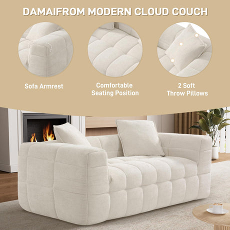 DAMAIFROM 66.5" Chenille Cloud Sofa Couch with 2 Soft Pillows, Comfy Upholstered Chenille 2 Seater LoveSeat Sofa, Modern Deep Seat Sherpa Cloud Couch, Oversized Love Seat for Living Room, Beige White DAMAIFROM