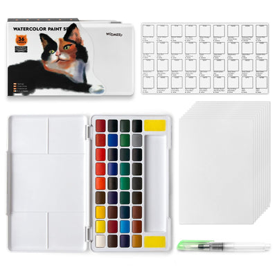 Woomer Watercolor Paint Set 36 Vivid Colors with Water Brush & 10 Artist Grade Watercolor Paper 32k Perfect Travel Watercolor Set for Artists, Amateur Hobbyists and Painting Lovers