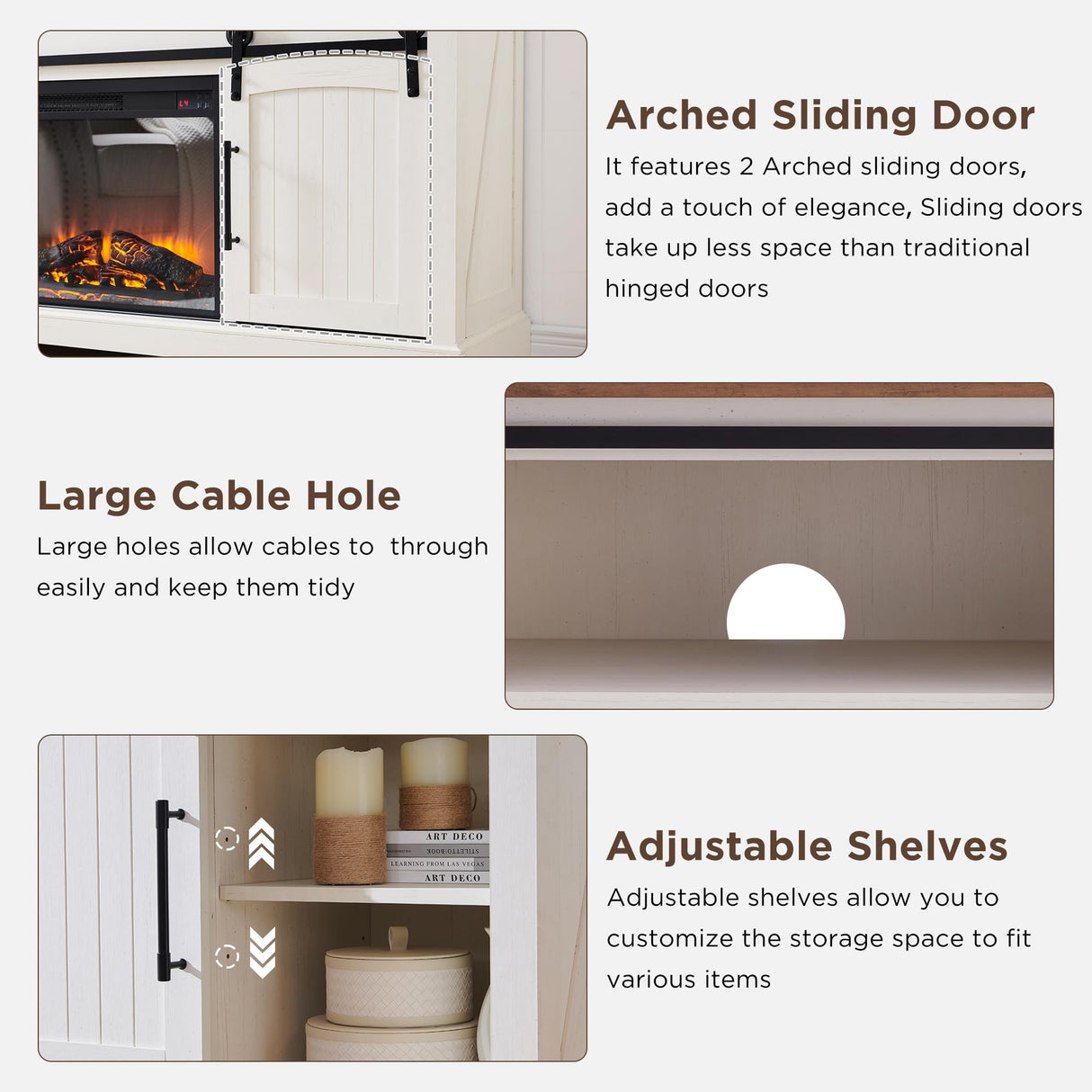 OKD Farmhouse Fireplace TV Stand for 70 Inch TV, 34" Tall Highboy Entertainment Center w/Electric Fireplace, Rustic Media Console w/Sliding Arched Door for Living Room,Antique White OKD