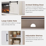 OKD Farmhouse Fireplace TV Stand for 70 Inch TV, 34" Tall Highboy Entertainment Center w/Electric Fireplace, Rustic Media Console w/Sliding Arched Door for Living Room,Antique White OKD