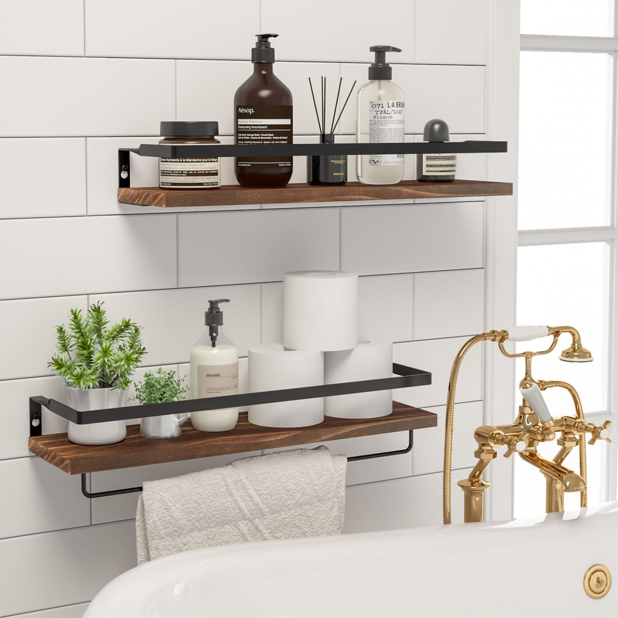 SODUKU Floating Shelves for Wall, Bathroom Shelves with Towel Bar, Wall Mounted Storage Shelves for Kitchen, Bathroom, Set of 2 Brown SODUKU