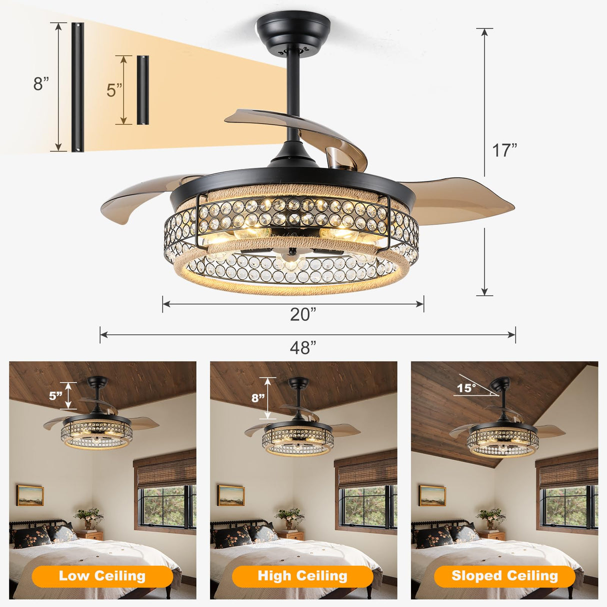 48 Inch Retractable Ceiling Fans with Lights and Remote, Industrial Black Fandelier with 3 Retractable ABS Blades, Invisible Crystal Chandelier Fan for Bedroom Living Room Dining Room (Hemp Rope) Oiotwo