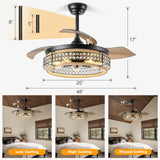48 Inch Retractable Ceiling Fans with Lights and Remote, Industrial Black Fandelier with 3 Retractable ABS Blades, Invisible Crystal Chandelier Fan for Bedroom Living Room Dining Room (Hemp Rope) Oiotwo