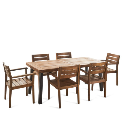 Christopher Knight Home Avon Outdoor Acacia Wood Dining Set, 7-Pcs Set, Teak Finish With Rustic Metal Accents - WoodArtSupply