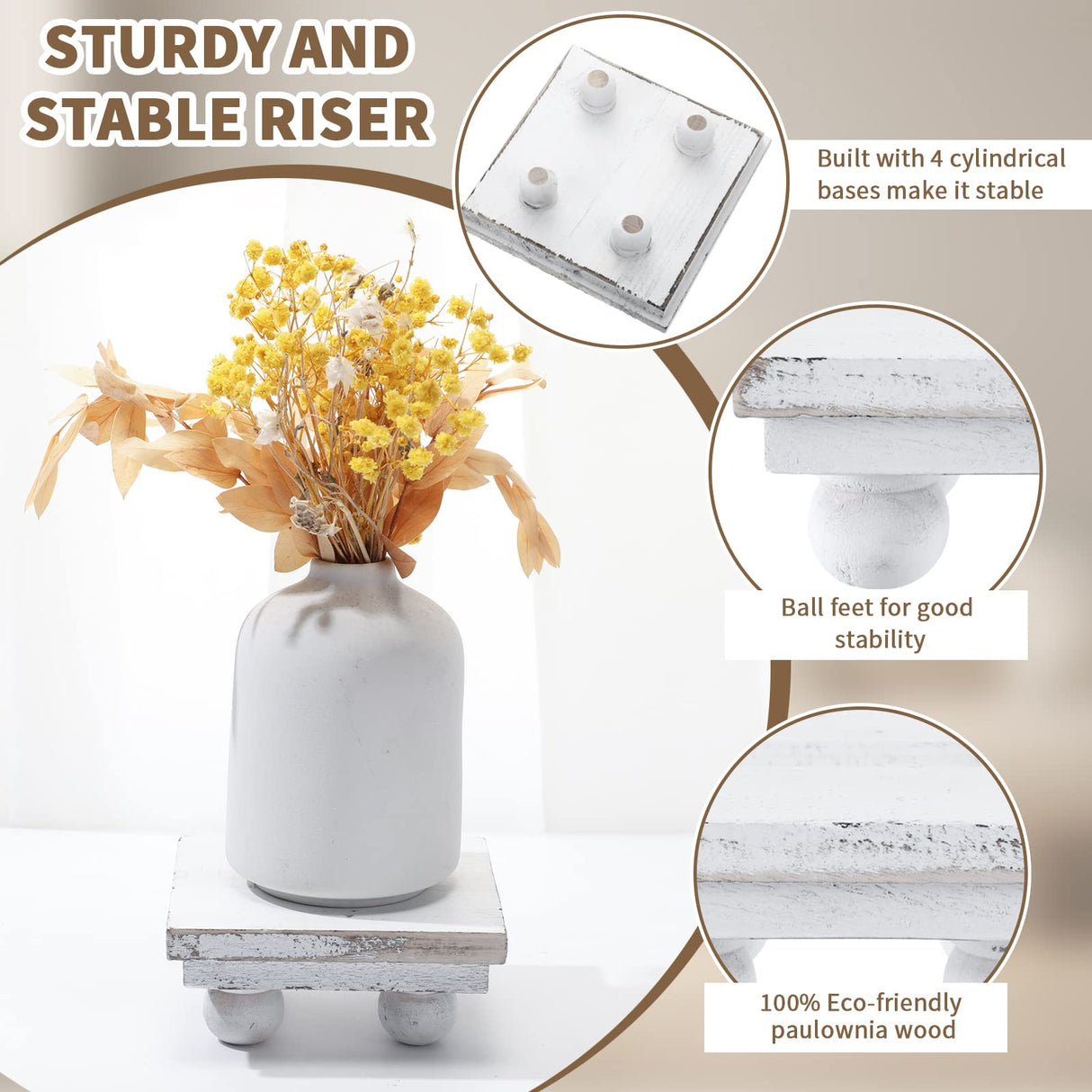 Thyle Set of 3 Wooden Risers for Display Wood Pedestal Stand Square Wood Tiered Display Stand Washed White Wood Display Riser Wood Risers for Decor Rustic Farmhouse Riser for Home Kitchen Tiered Tray Thyle