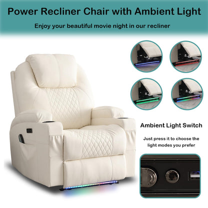 Power Recliner Chair with Heat and Massage for Adults - Home Theater Seating with LED Lights,Cup Holders,Side Pocket,USB Port - Recliner Sofa for Living Room (Beige, Single Recliner)