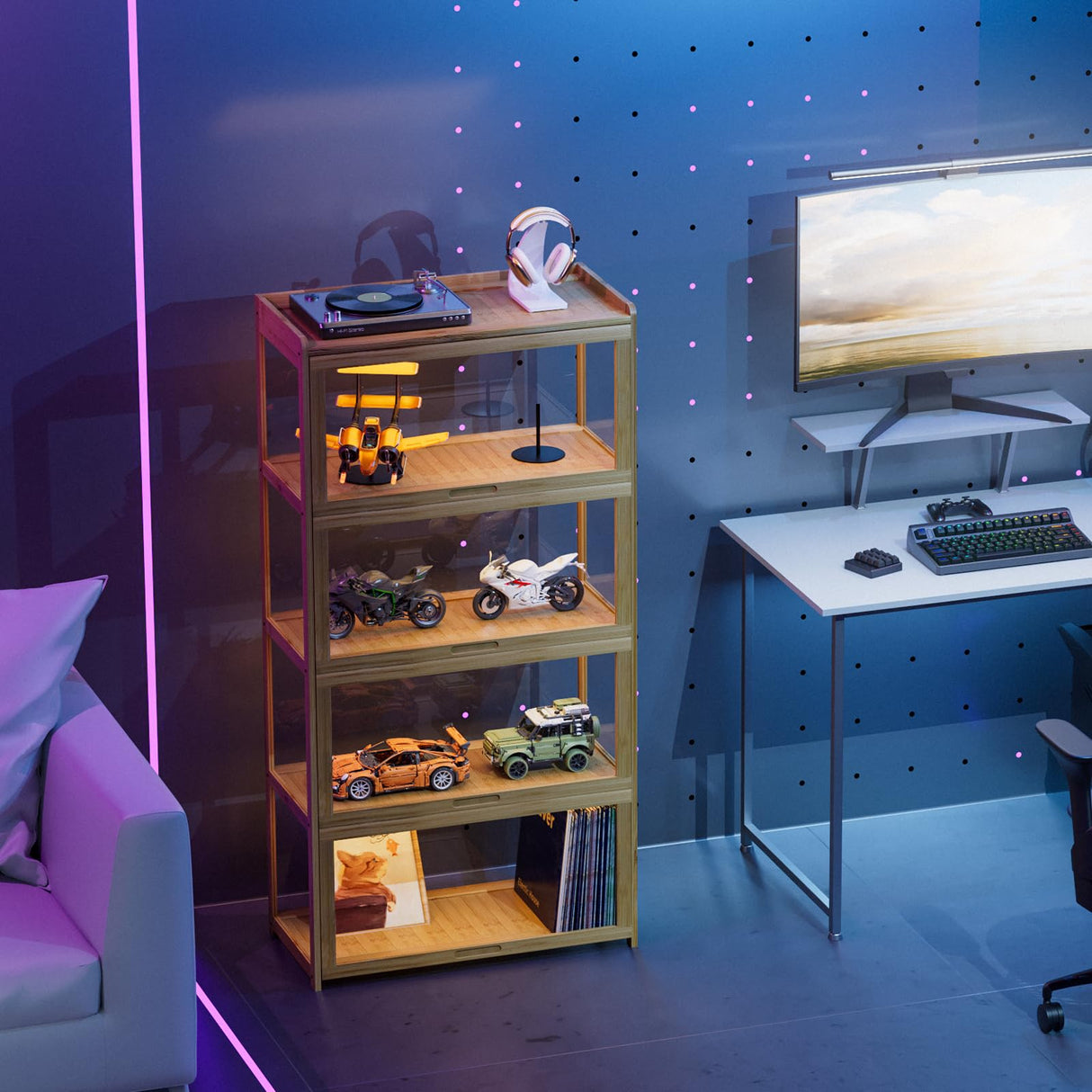 MoNiBloom 55" Curio Display Cabinet with Doors, 4-Tier Bamboo Showcase Storage Cabinet Shelf Collectibles Toy Display Case for Living Room, Natural MoNiBloom