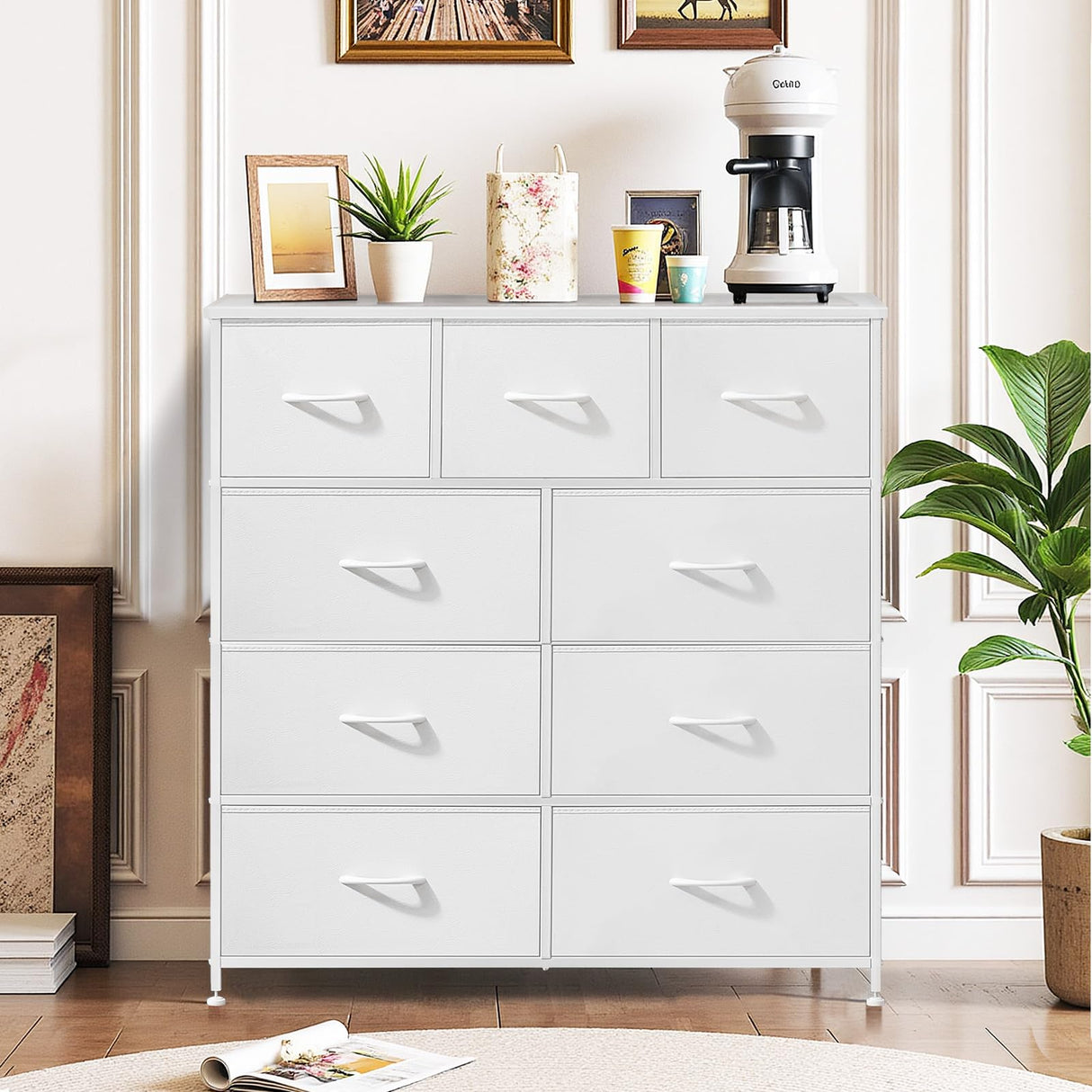 9-Drawer Dresser for Bedroom, Anti-Tip Tall Storage Organizer Chest of Drawers with Wooden Top and Metal Frame Fabric Bins for Closet, Living Room, Hallway, Entryway, White SageNest