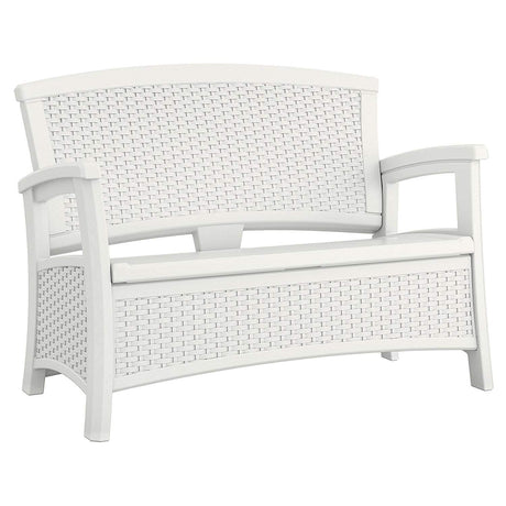 Suncast Elements Stylish Lightweight Loveseat Outdoor Seating with Convenient Built In Universal Storage, and All Weather Plastic, White Suncast