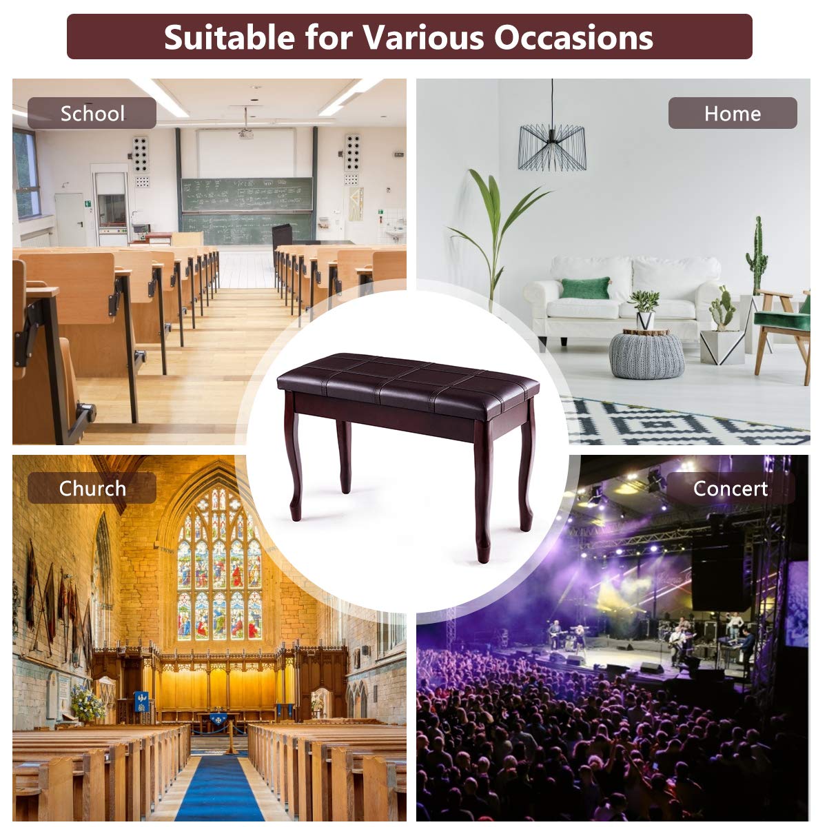 GOFLAME Piano Bench Stool with Padded Cushion and Music Storage, Heavy Duty Piano Duet Seat with PU Leather Padded Seat and Solid Wooden Legs, GOFLAME