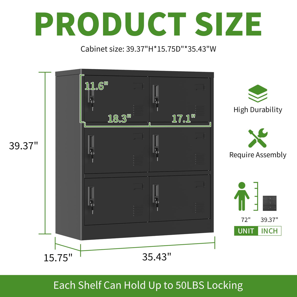 Yukimo 6 Doors Metal Lockers for Employees, Steel Storage Locker with Lock and Card Slot, Employee Lockers for Home, Office, School, Gym, Require Assembly(Black) Yukimo