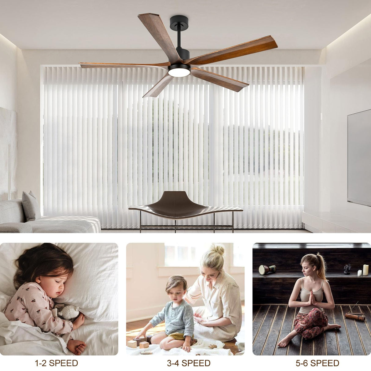 heimo 60 Inch Ceiling Fans with Lights and Remote, Wood Indoor Outdoor Ceiling Fan with Light for Patios Living Room Bedroom 5 Blades DC Motor Mid Century Modern Wooden Fan (Walnut) heimo