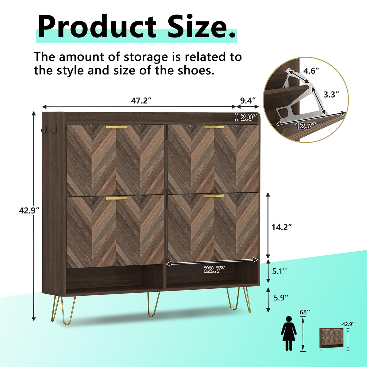 Vibe & Dine 4 Flip Drawer Shoe Cabinet, Mid Century Modern Shoe Organizer with Bottom Cubby, Hidden Shoe Cabinet with 2 Hooks, Freestanding Narrow Slim Shoe Rack Cabinet for Entryway, Foyer, Hallway Vibe & Dine