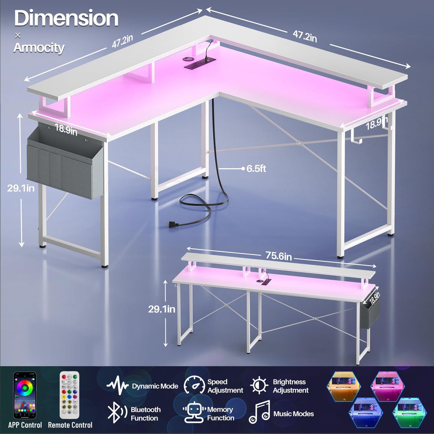 armocity L Shaped Computer Desk with Power Outlets, Gaming Desk L Shaped with LED Lights, Corner Desk with Storage Shelves, Work Study Desk for Bedroom, Home Office Small Spaces, 47'', White - WoodArtSupply