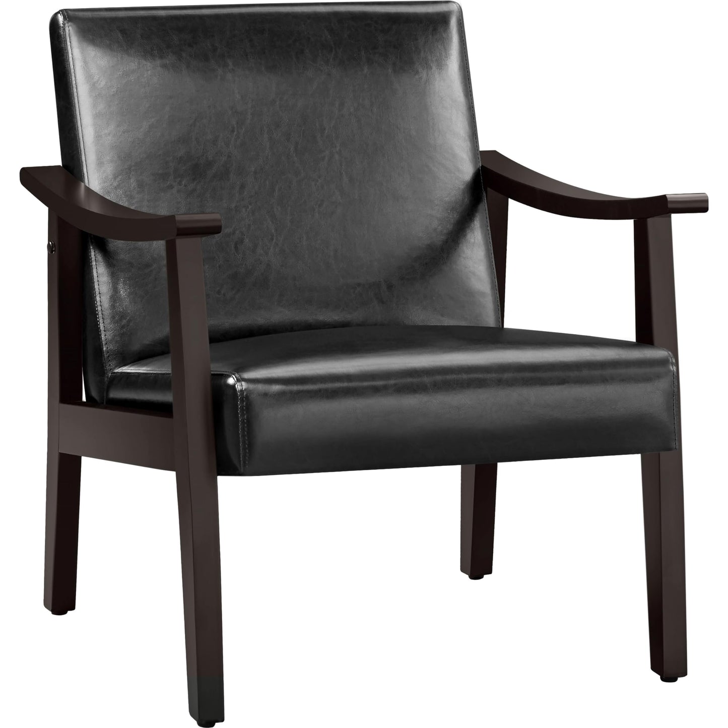 Yaheetech PU Leather Accent Chair, Mid-Century Modern Armchair with Solid Wood Legs, Reading Leisure Chair with High Back for Living Room Bedroom Waiting Room, Black - WoodArtSupply