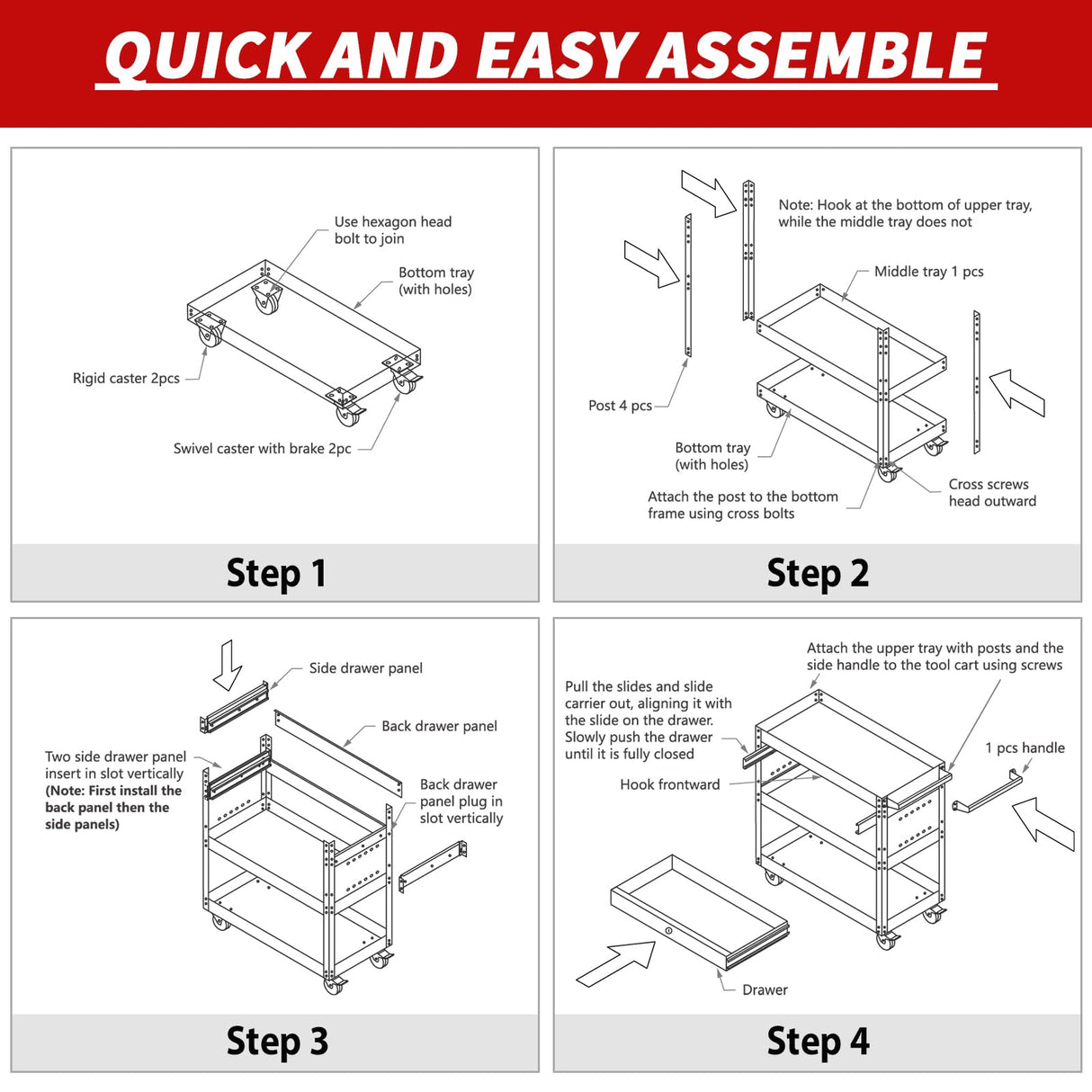 3 Tier Rolling Tool Cart, Tool Cart with Wheels and Drawers, 500 LBS Capacity Service Utility Cart, Mechanic Tool Cart on Wheels for Garage, Warehouse, Repair Shop, Red Wanmwill