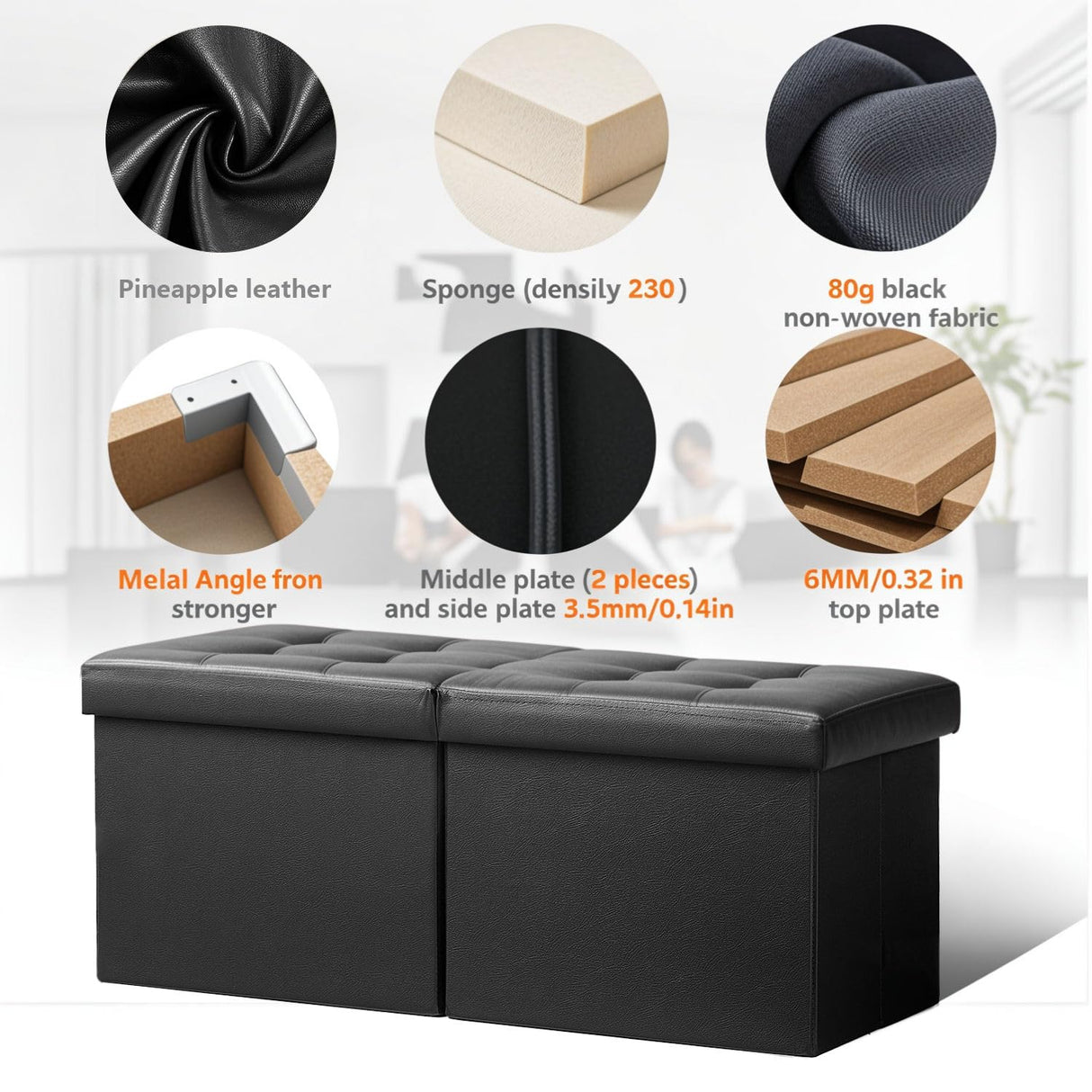 AmasSmile Footrest Ottoman Bench with Storage,34Inch Black Leather Footstool, Coffee Table, Padded Seat, Storage Chest,Blanket Store with Flipping Lid for Livingroom and Bedroom AmasSmile