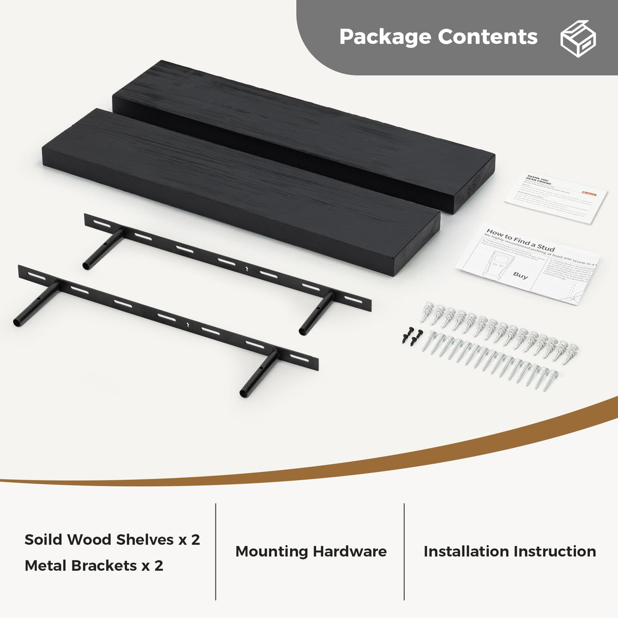 Fun Memories Handcrafted European Pine Floating Shelves - Natural Rustic Wooden Wall Shelf Set of 2-24 Inch Storage Shelf Display Shelf for Kitchen Bathroom Living Room Bedroom Farmhouse - Black Fun Memories