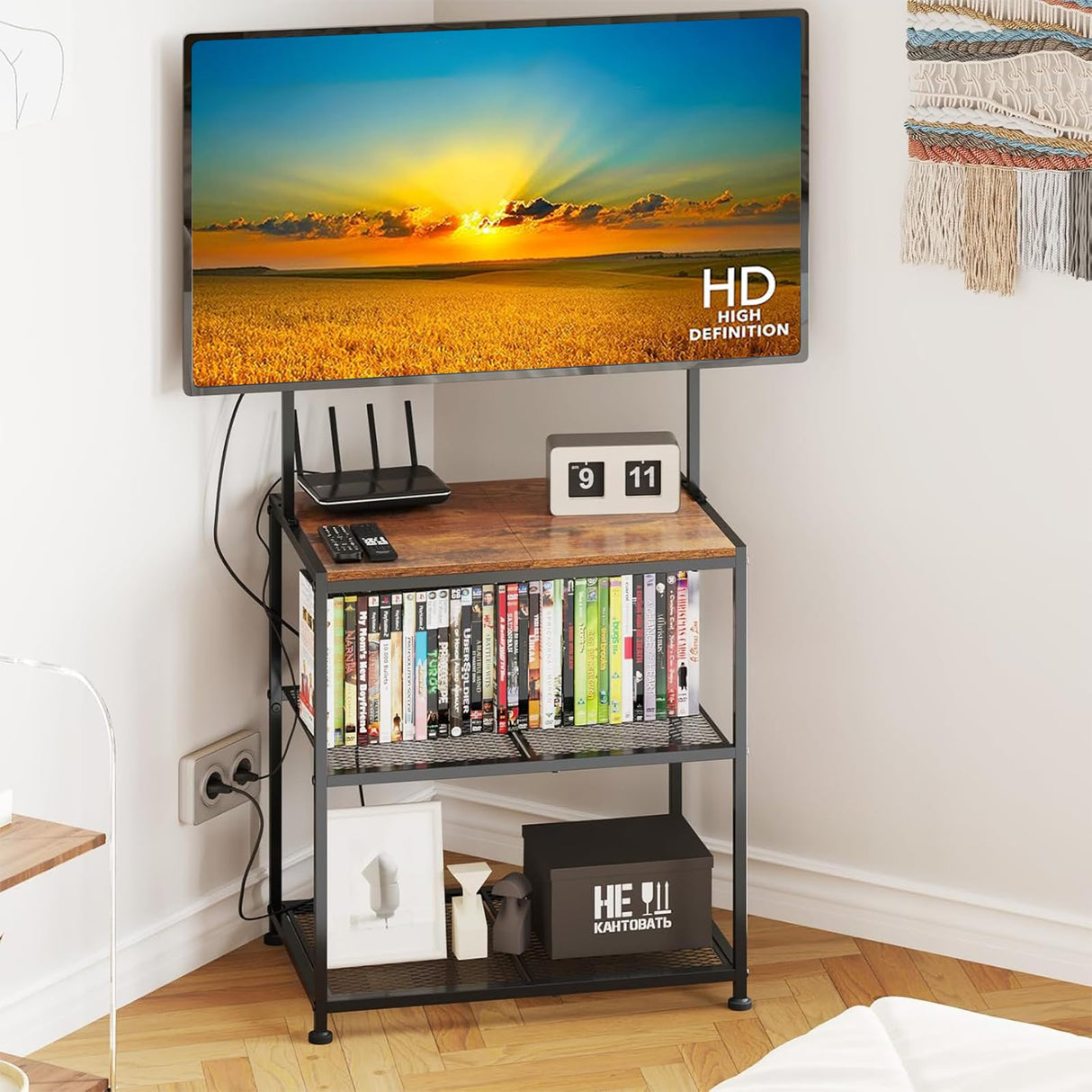 23 Inch to 50 Inch Floor Small Corner TV Stand with Storage Shelves for Living Room Bedroom, Universal Floor Television Stands with Mount, Brown TV Table Desk Shelf for Small Spaces,Patent Pending Cottage Charm