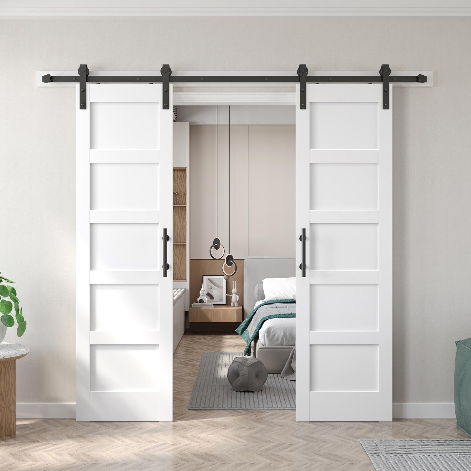 Fredbeck 24x84 inch Double White Barn Door with 8FT Barn Door Hardware Kit Included,with MDF and Wood, Solid PVC Surface,DIY Assembly,5-Panel,48inch - WoodArtSupply