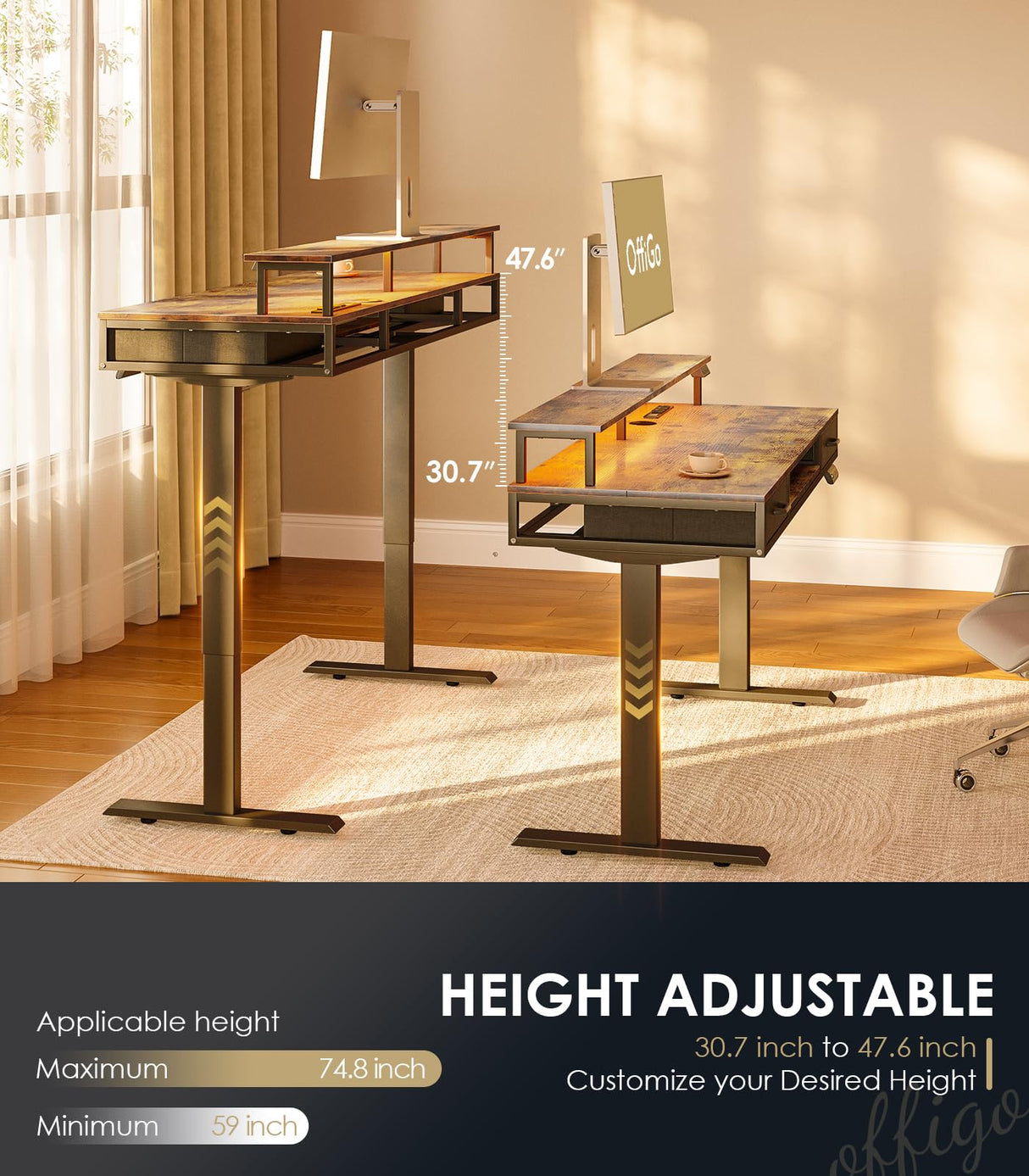 OffiGo Electric Standing Desk with Drawers & Keyboard Tray, 63 Inch Height Adjustable Desk with Power Outlets & LED Lights, Sit Stand Table with Monitor Stand for Home, Office, Rustic Brown OffiGo