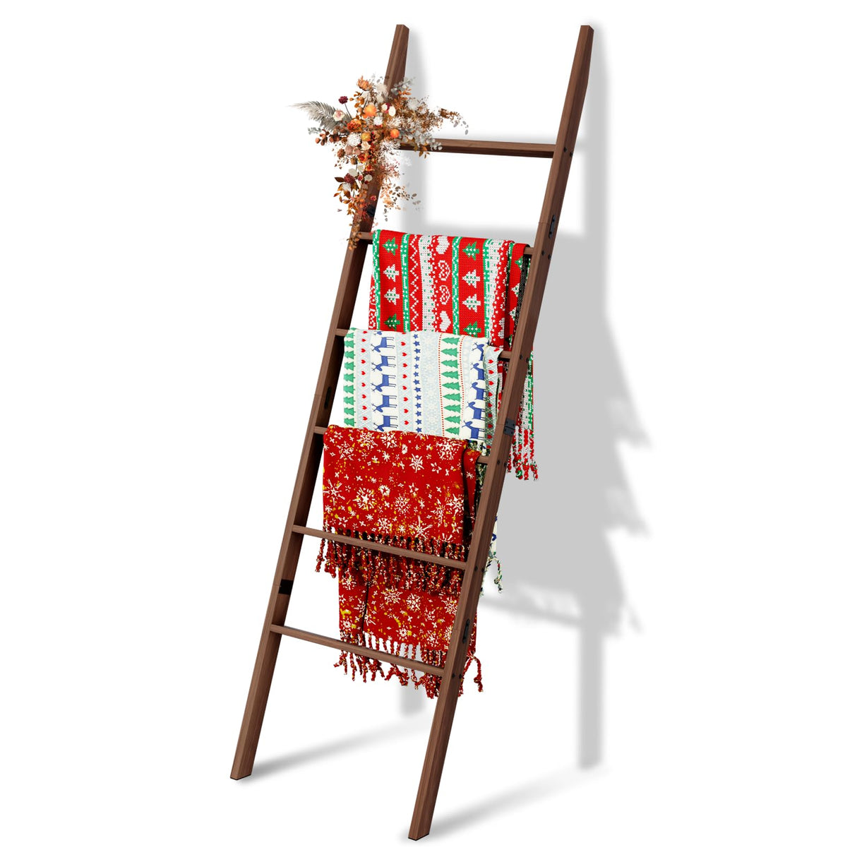6-Tier Blanket Ladder Wooden, 5.7FT(66.5'') Blanket Quilt Towel Holder Rack Decorative Ladder, Easy Assembly, Rustic Farmhouse Ladder Shelf for The Living Room Bedroom Bathroom Home Decor, Brown Delywh