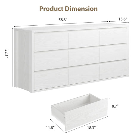 IDEALHOUSE Rustic Farmhouse 9 Dresser for Bedroom,Wooden Drawer Dresser,Handle-Free Storage Cabinet with Drawers for Bedroom, Living Room & Hallway, with Anti-Tip Safety,White IDEALHOUSE