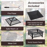 Outdoor Fire Pit 32 Inch Square Metal Firepit Mutltifunctional Fire Pit with Mesh Cover Poker for Outside Backyard Gathering Camping Bonfire, Fireplace for Outdoor Heating Patio Garden FDW