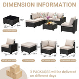 Jing's Villa 7-Piece Patio Furniture Set, All-Weather Outdoor Wicker Sectional Sofa with Cushions, Tempered Glass Table & Ottoman, Rattan Conversation Seating for Porch, Garden, Backyard,Beige Jing's Villa