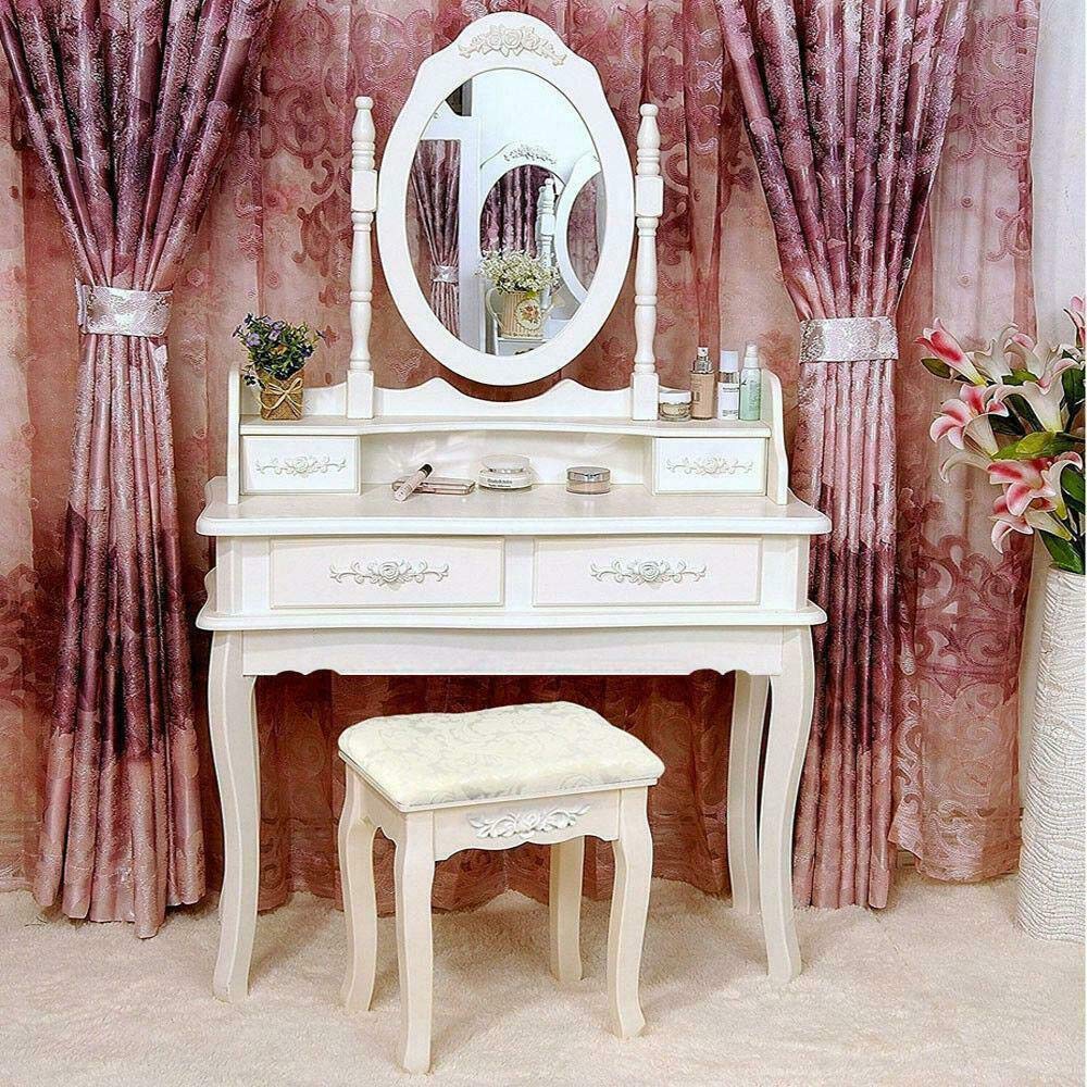 White Vanity Jewelry Makeup Dressing Table Set W/Stool 4 Drawer Mirror Wood Desk Apontus