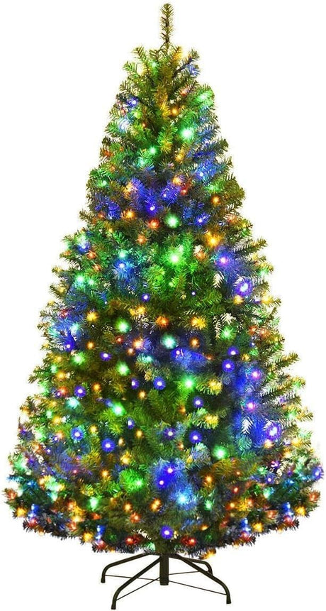 Goplus 5FT Pre-Lit Artificial Christmas Tree, Hinged Spruce Xmas Full Tree with 150 LED Multicolor Lights, 11 Lighting Modes, 600 PVC Branch, Foldable Base, for Indoor Home Office Decoration Goplus