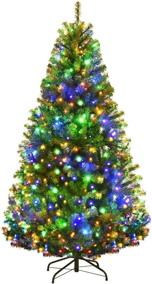 Goplus 5FT Pre-Lit Artificial Christmas Tree, Hinged Spruce Xmas Full Tree with 150 LED Multicolor Lights, 11 Lighting Modes, 600 PVC Branch, Foldable Base, for Indoor Home Office Decoration