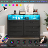 DICTAC LED Dresser for Bedroom, 6 Drawer Dresser with Charging Station, Chest of Drawers with Storage Cubby, Storage Organizer Unit for Bedroom, Closet, Living Room, Black DICTAC
