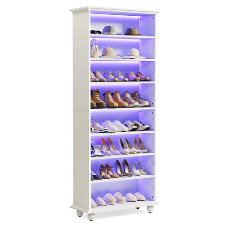 LITTLE TREE 69-Inch Tall Shoe Cabinet with LED Light Strip & Adjustable Shelves, White Wooden 8-Tier Shoes Display Cabinet for 26 Pairs, Freestanding Modern Shoe Cabinet for Entryway LITTLE TREE