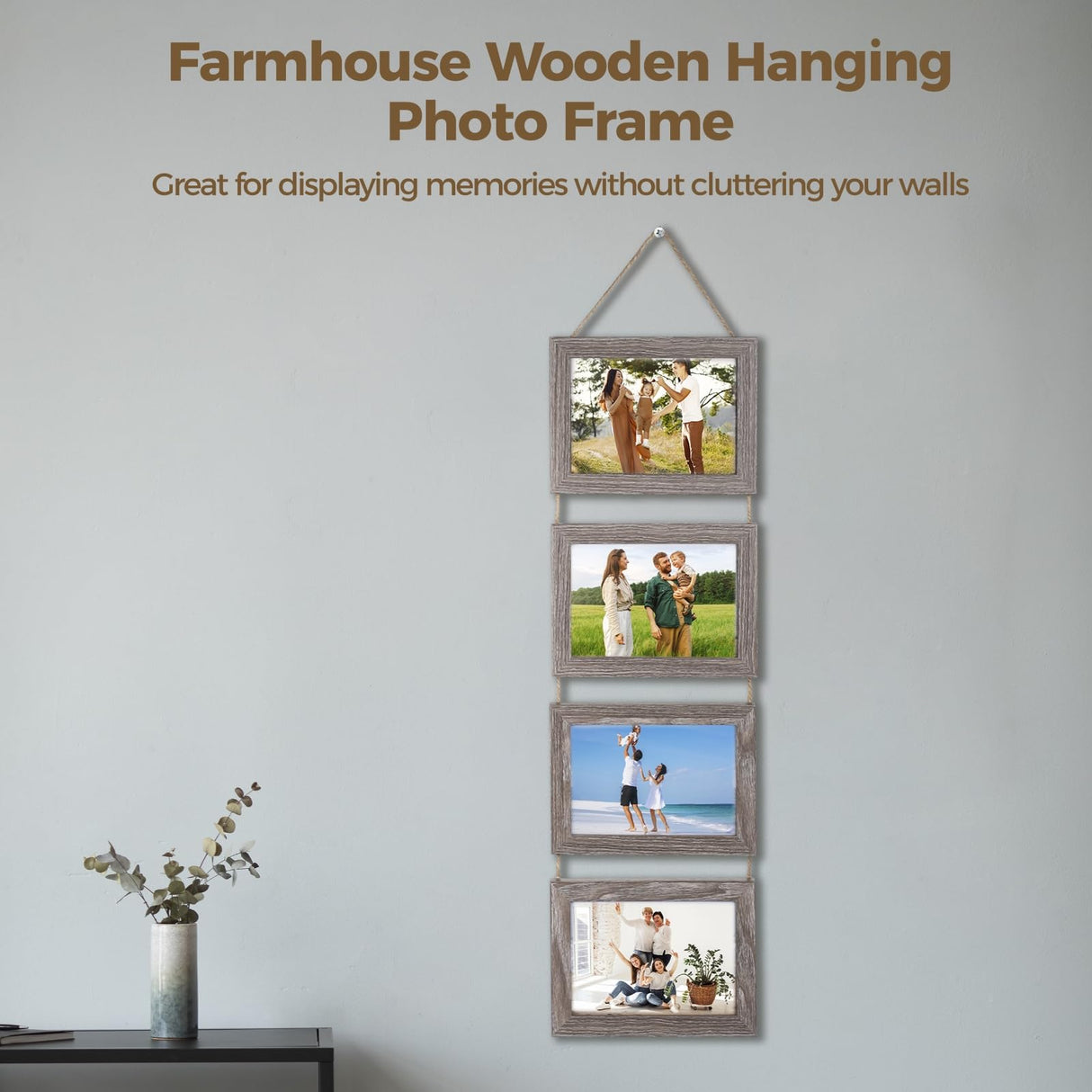 yeesport 2 PCS Farmhouse Wooden Hanging Photo Frames, Rustic Wall Picture Display with Jute Rope, Acrylic Panel 4-Photo Collage Frames for Living Room, Bedroom, Office, Stairs Decor yeesport