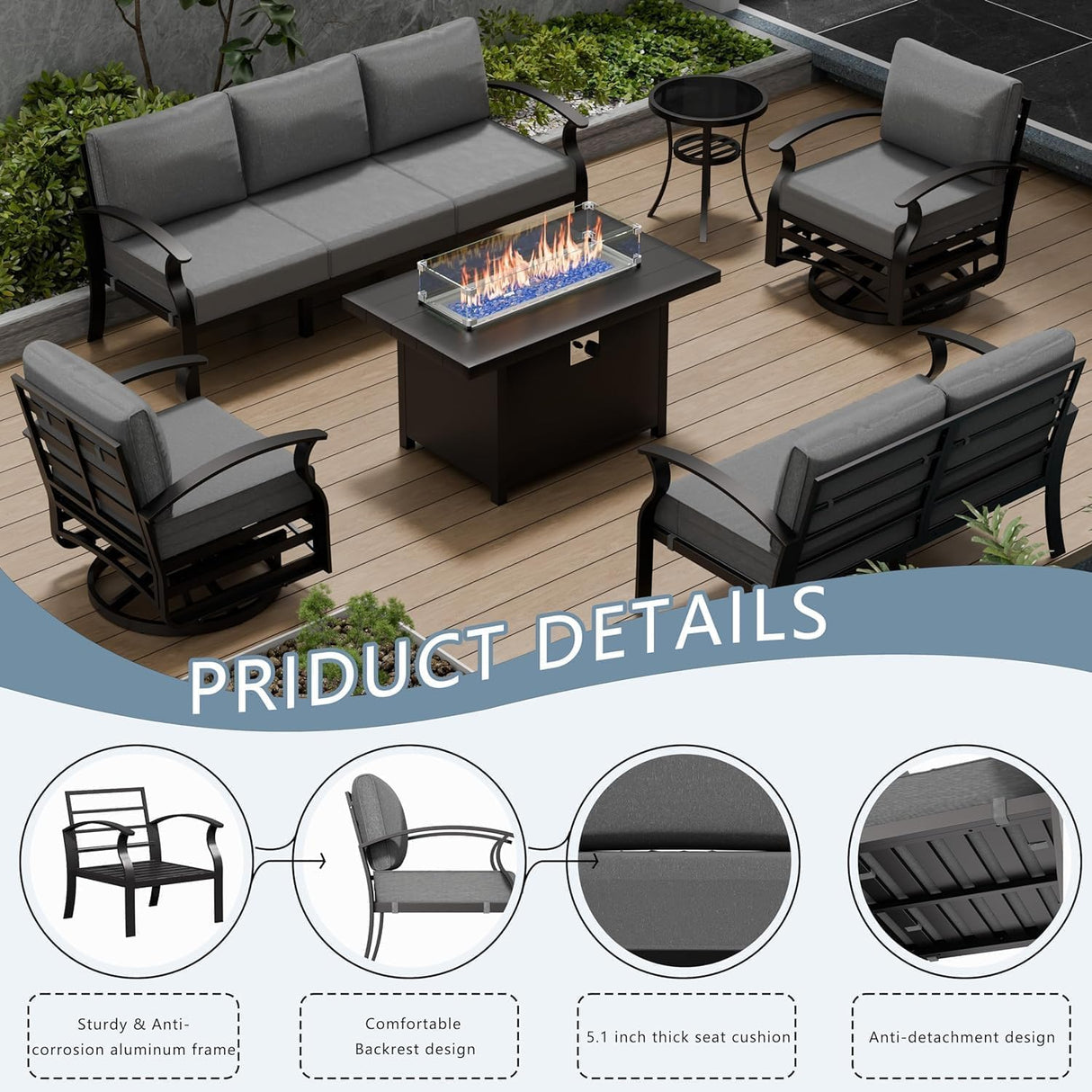 RTDTD Aluminum Patio Furniture Set with Fire Pit Table, 7 Seats Patio Outdoor Conversation Set with Swivel Chair Modern Metal Patio Sectional Sofas with Upgrade Cushions for Patio, Backyard (Grey) RTDTD