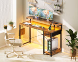 AODK Gaming Desk with LED Lights & Power Outlet, 48 Inch Computer Desk with Drawer, Reversible Desk with Adjustable Monitor Shelf & Headphone Hook for Home Office, Rustic Brown AODK