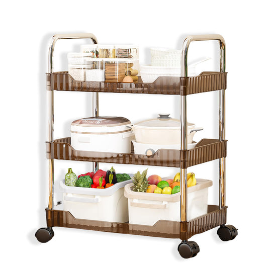 3 Tier Utility Cart Coffee, Acrylic Bathroom Cart Organizer Kitchen Organizer Rolling Storage Cart Mobile Shelving Unit Multi-Functional Shelves for Office, Kitchen, Living Room