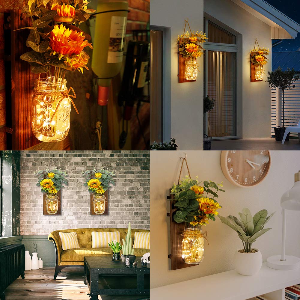 OurWarm Sunflower Wall Sconces Set of Two, Mason Jar Sconces Farmhouse Wall Decor Comes with Remote Control and Warm Toned LED Lights, Rustic Sunflower Decor for Home Kitchen Dining Room Living Room OurWarm