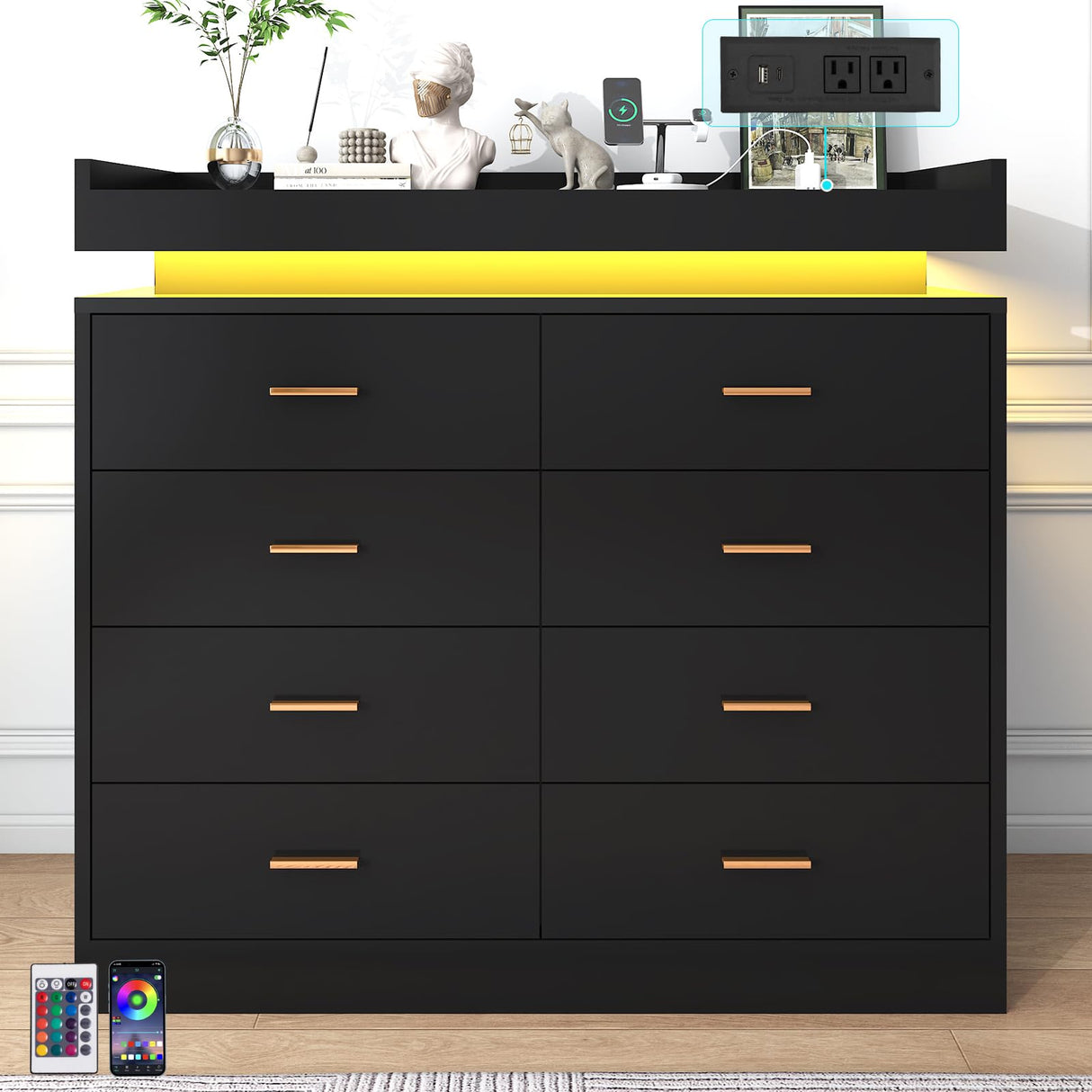 jiteentarou 8 Drawer Dresser with Charging Station and LED Lights, Modern Chest of Drawers with Power Outlet, Organizer Cabinet for Bedroom, Living Room, Black jiteentarou