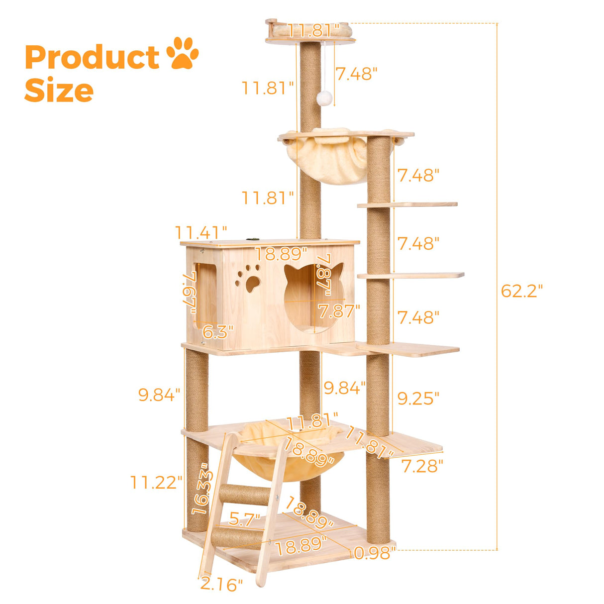 BEWISHOME Wood Cat Tree for Indoor Cats Large Adult, Cat Tower with 2 Hammocks,Sisal Scratching Post,Multi-Level,Washable Removable Cushions and Dangling Ballor Fun Play Cat Condo (Beige 62.2") MMJ61Y BEWISHOME