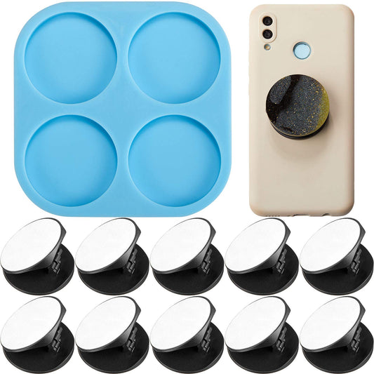 Phone Grip Mold 4 Circle Shape Epoxy Resin On Top Phone Grip Mold with 10 Pieces Blank Sublimation Phone Holders Circle Silicone Molds for DIY Design (Black Holder)