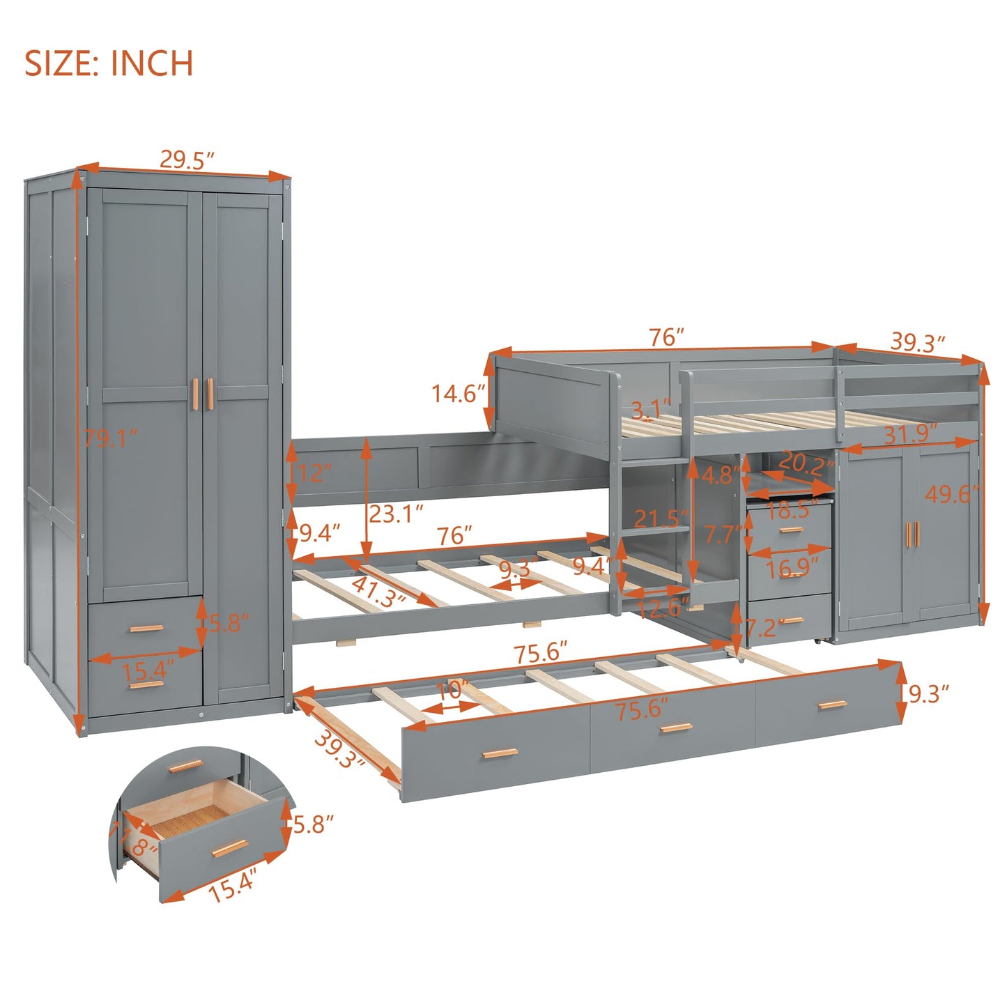 YOPTO Twin Size Bunk Bed with Trundle,Wardrobe,Desk,2 Cabinets and 5 Drawers,Multifunctional Wood Bed Frame W/Integrated Ladder,Safety Guardrails & Slats Support,Easy Assembly,for Kids,Teens,Gray