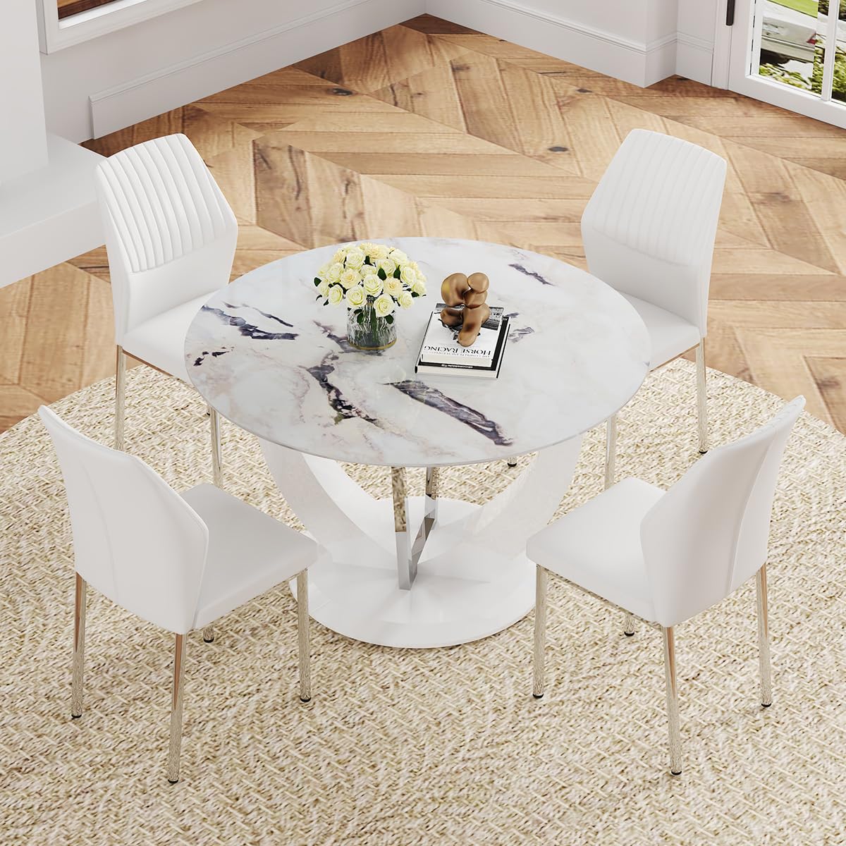 TesNus Round Dining Table Set for 4 with Chairs,Marble Top Pedestal Table and White Faux Leather Chairs, Modern Circular Kitchen Dining Table Set for Apartment, Modern Home,New House for 4 People TesNus
