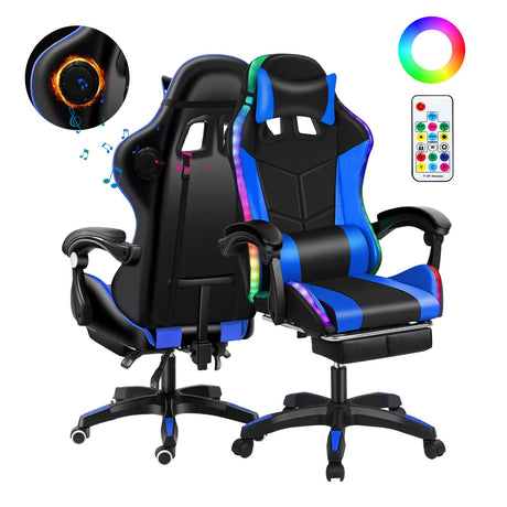 gihusrzx Led Gaming Chair with Bluetooth Speakers and RGB, Ergonomic Massage Computer Chair with Height Adjustable, Video Game Chair High Back with Lumbar Support Black Blue gihusrzx