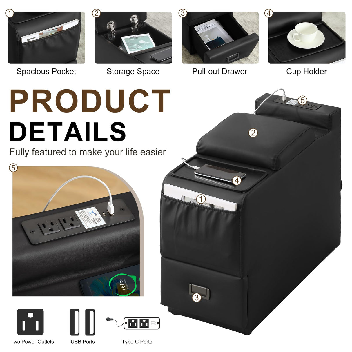 DRMBOOK Power Recliner Chair, Electric Wall Hugger Reclining Sofa with Massage & Heat, Overstuffed Theater Seating with LED/USB Port/Cup Holders for Living Room (Leather Black, 2 Chairs with Console) DRMBOOK