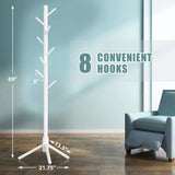Haddockway Wooden Coat Rack Stand with 8 Hooks New Zealand Pine 3 Adjustable Coat Standing Tree Easy Assembly for Coats, Hats, Scarves and Handbags for Entryway, Hallway, Bedroom, Office, white Haddockway