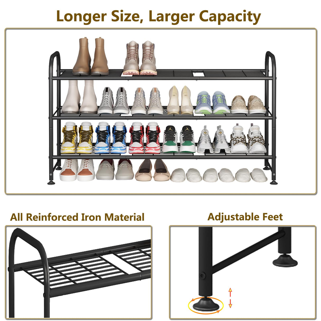 LINZINAR Shoe Rack 3 Tier Long Metal Shoe Organizer for Closet Entryway Black LINZINAR