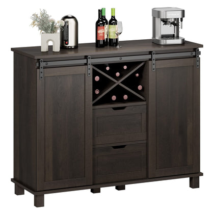 HOSTACK Farmhouse Buffet Sideboard, Coffee Bar Cabinet with Storage, Liquor Wine Cabinet with Sliding Barn Doors, Accent Storage Cabinet for Kitchen, Dark Brown - WoodArtSupply