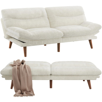 PERLECARE 3-in-1 Futon Sofa Bed, 73″ Corduroy Futon Couch with Adjustable Backrest & Armrests, Vintage Couch for Small Spaces, Living Room or Apartment, Office,White